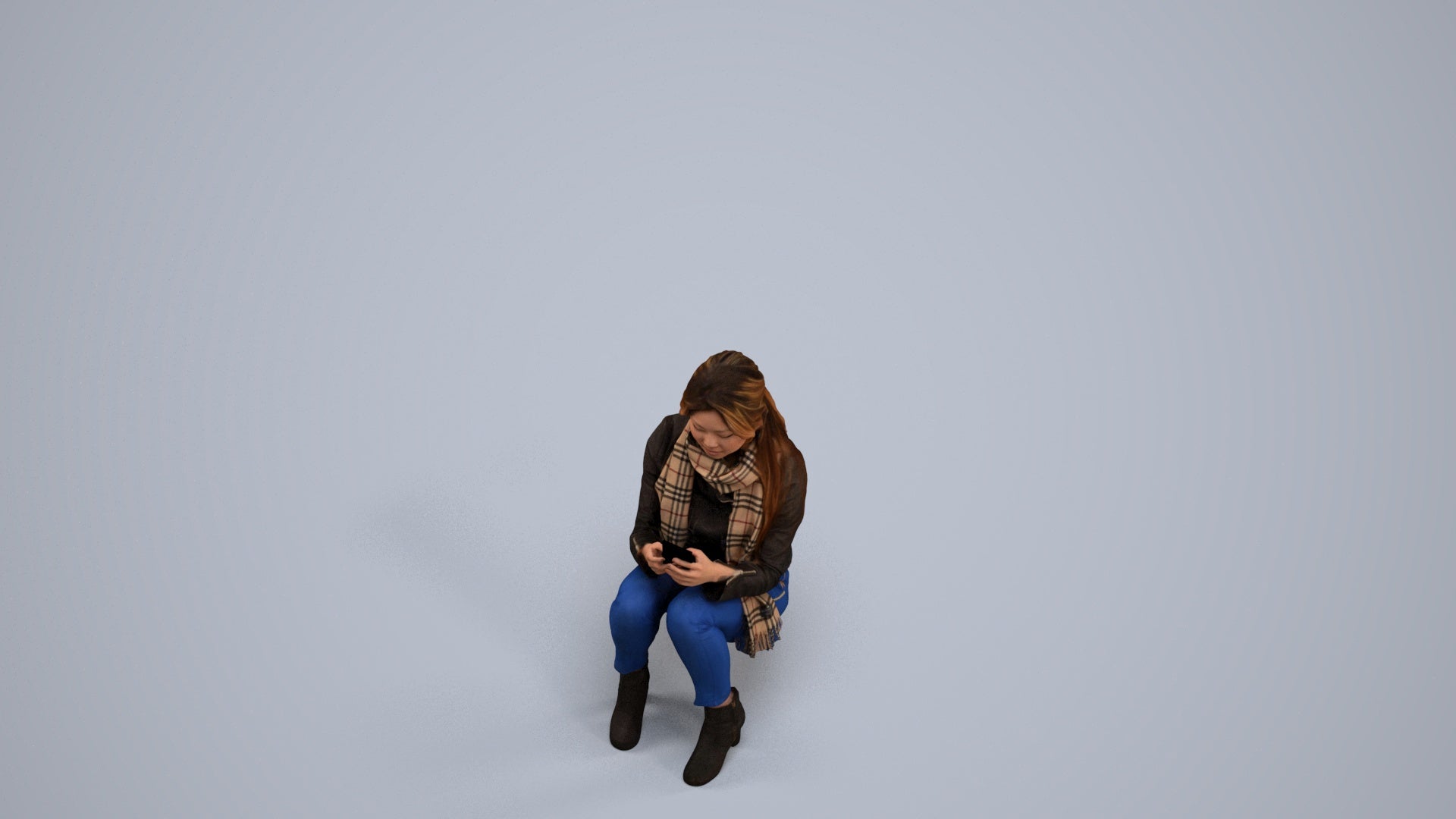 photogrammetry 3D woman casual sitting, realistic human model archviz FBX, back view render