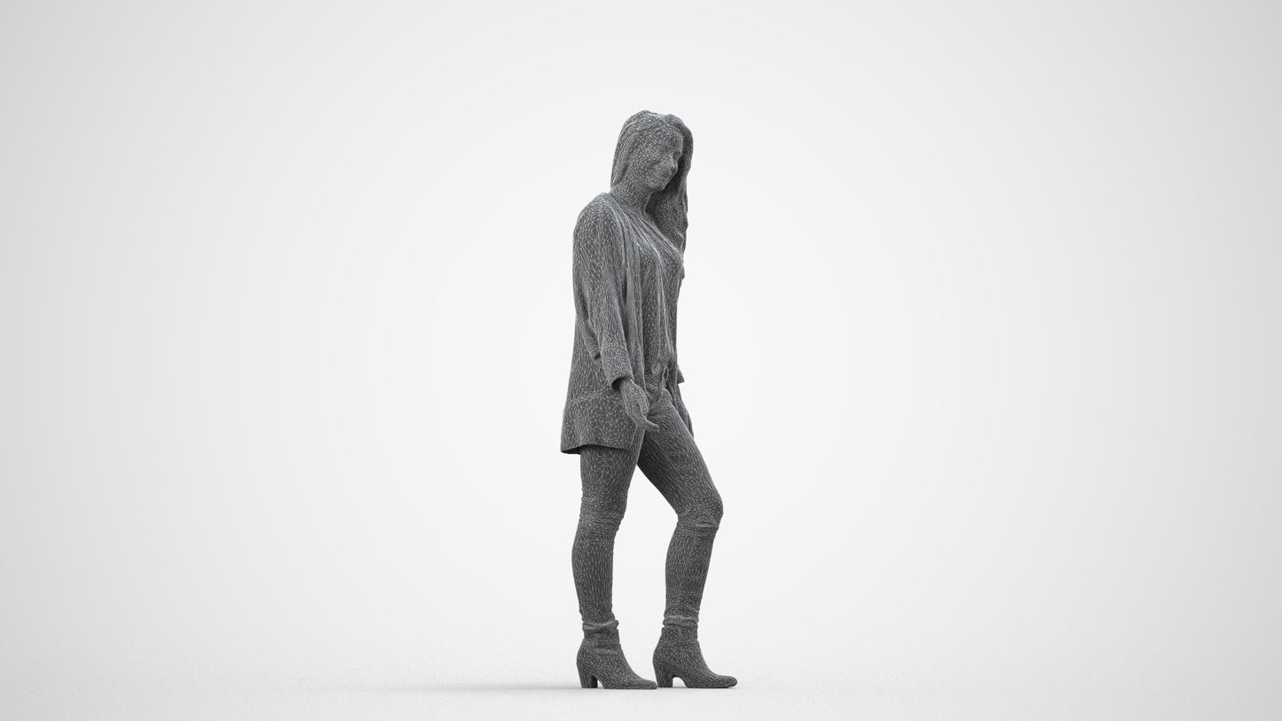 realistic 3D people woman casual standing, render-ready for V-Ray and Corona, FBX OBJ, wireframe side view