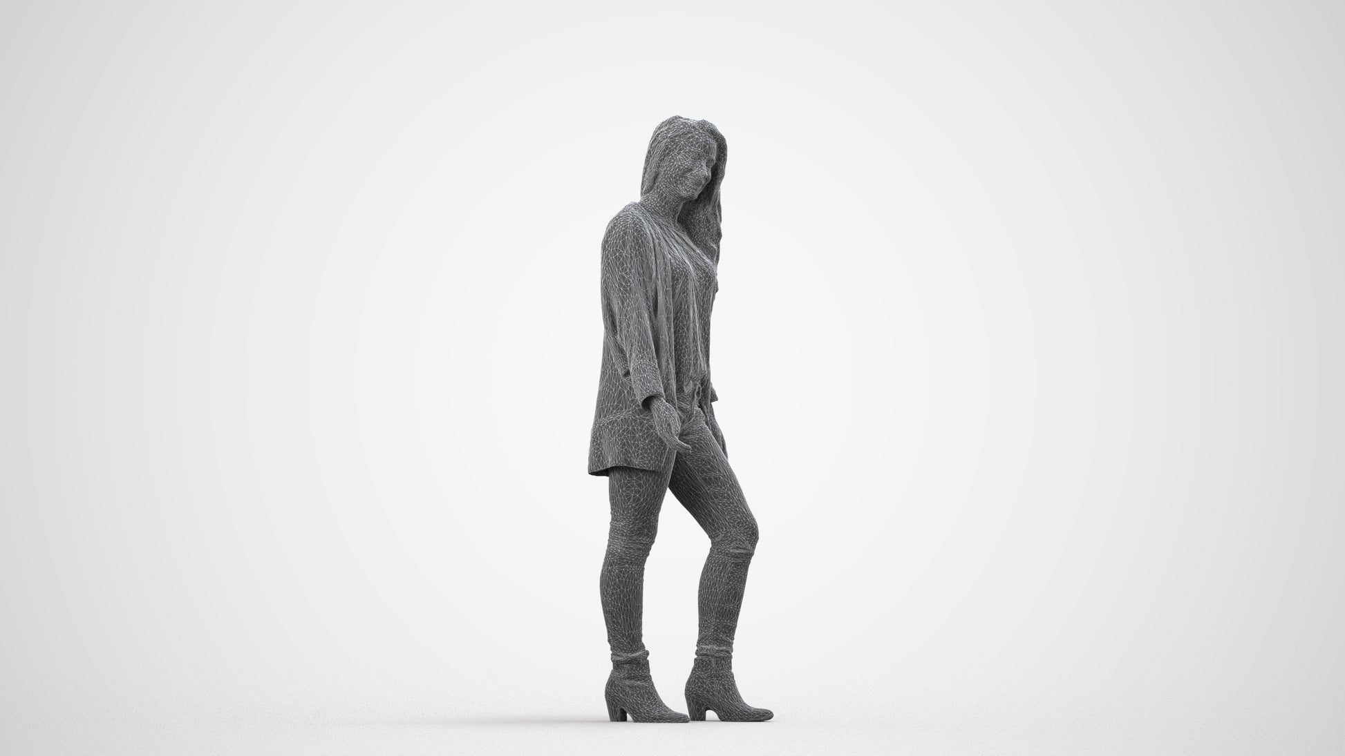 realistic 3D people woman casual standing, render-ready for V-Ray and Corona, FBX OBJ, wireframe side view