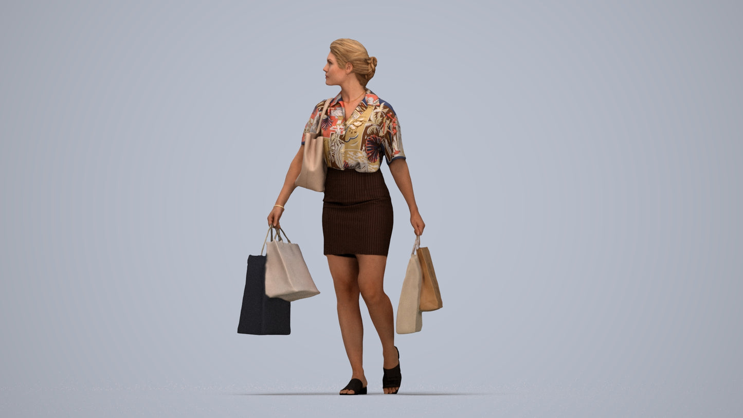 realistic 3D woman casual shopping, scanned archviz people for Blender and 3ds Max, top-down view render