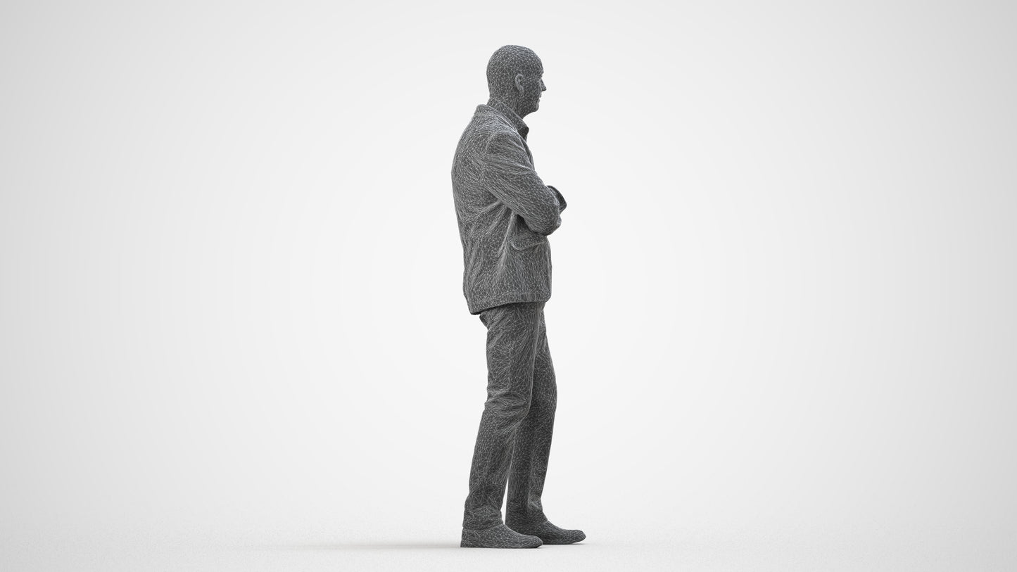 3D human model senior man business, photogrammetry scanned person for archviz, wireframe side view