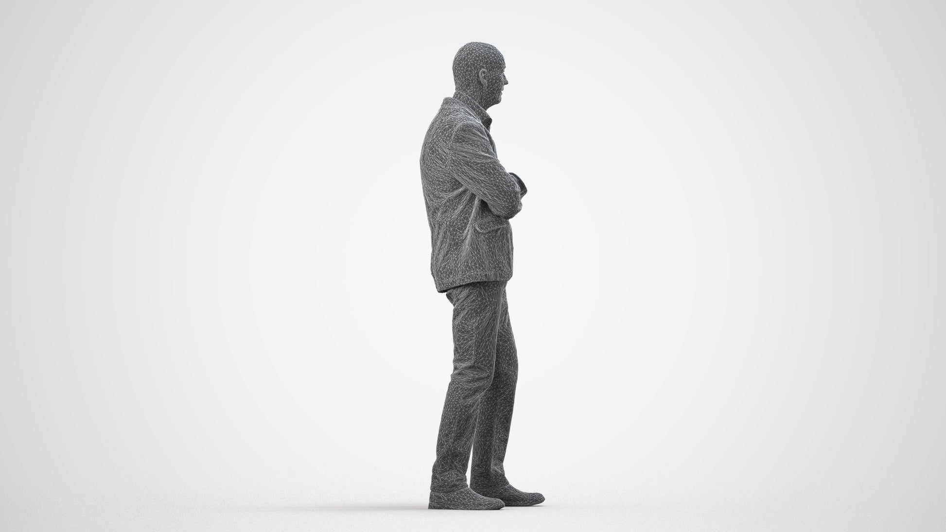 3D human model senior man business, photogrammetry scanned person for archviz, wireframe side view
