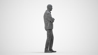 3D human model senior man business, photogrammetry scanned person for archviz, wireframe side view