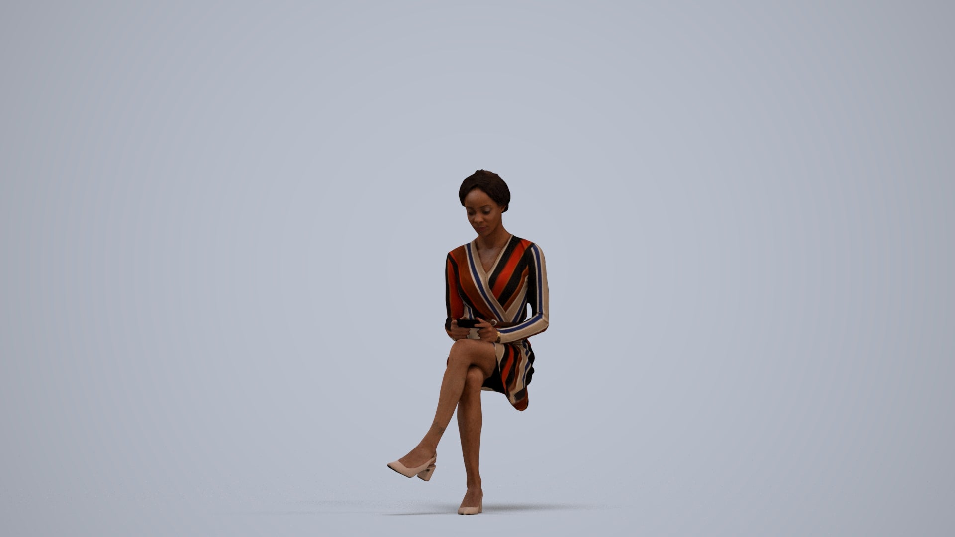 realistic 3D woman casual sitting, scanned archviz people for Blender and 3ds Max, standing pose render