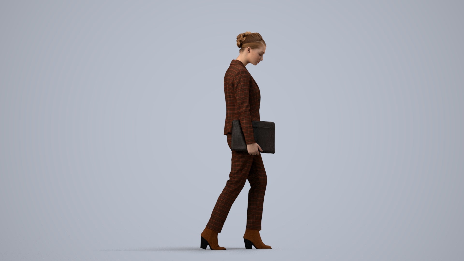 realistic 3D woman business walking, scanned archviz people for Blender and 3ds Max, side view render