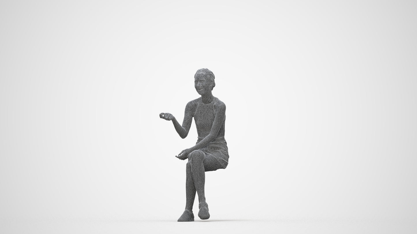 3D scanned woman sitting casual, photorealistic archviz people for Enscape and SketchUp, wireframe back view