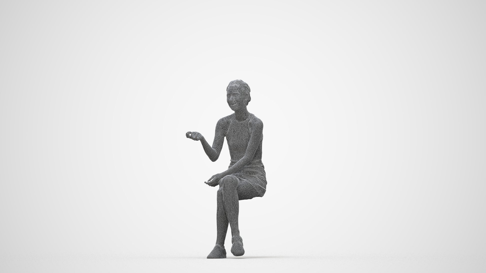 3D scanned woman sitting casual, photorealistic archviz people for Enscape and SketchUp, wireframe back view