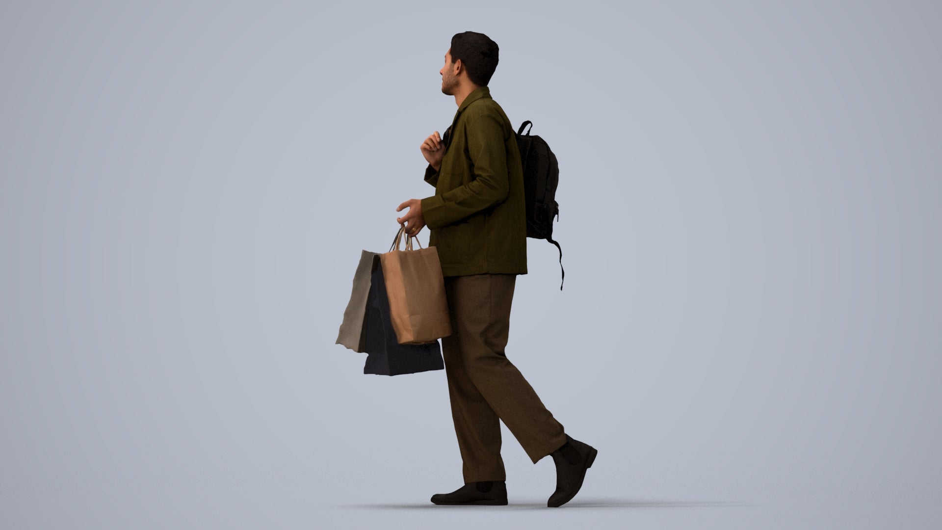 realistic 3D human man casual shopping, archviz people FBX OBJ for Blender, three-quarter view render