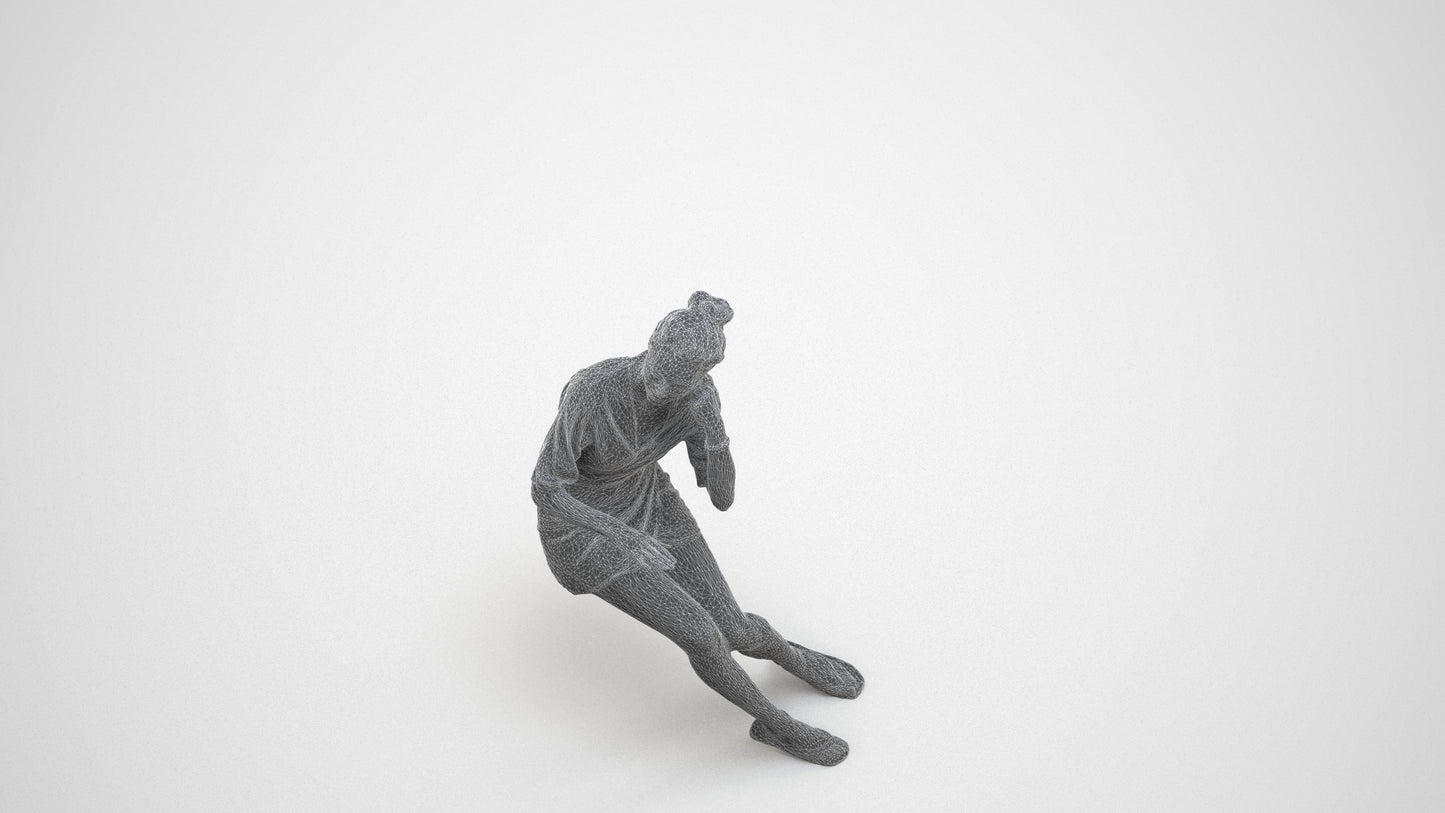 realistic 3D human woman casual sitting, archviz people FBX OBJ for Blender, wireframe three-quarter view