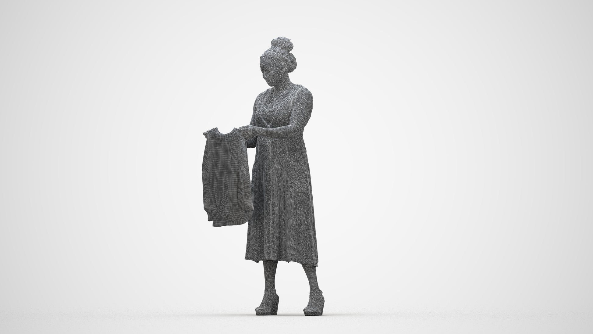 3D scanned woman standing casual, photorealistic archviz people for Enscape and SketchUp, wireframe back view