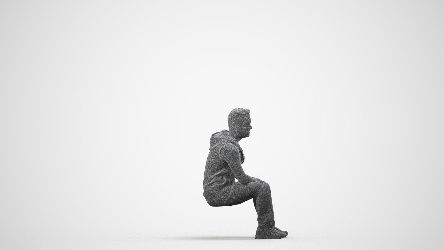 3D people model man casual sitting, scanned human for 3ds Max rendering, wireframe side view