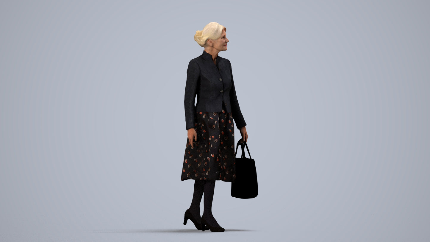 3D scanned senior woman standing business, photorealistic archviz people for Enscape and SketchUp, side view render