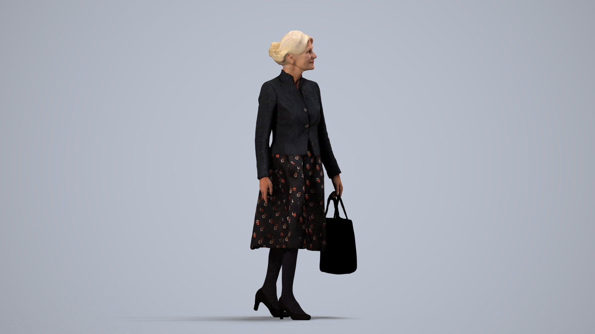 3D scanned senior woman standing business, photorealistic archviz people for Enscape and SketchUp, side view render