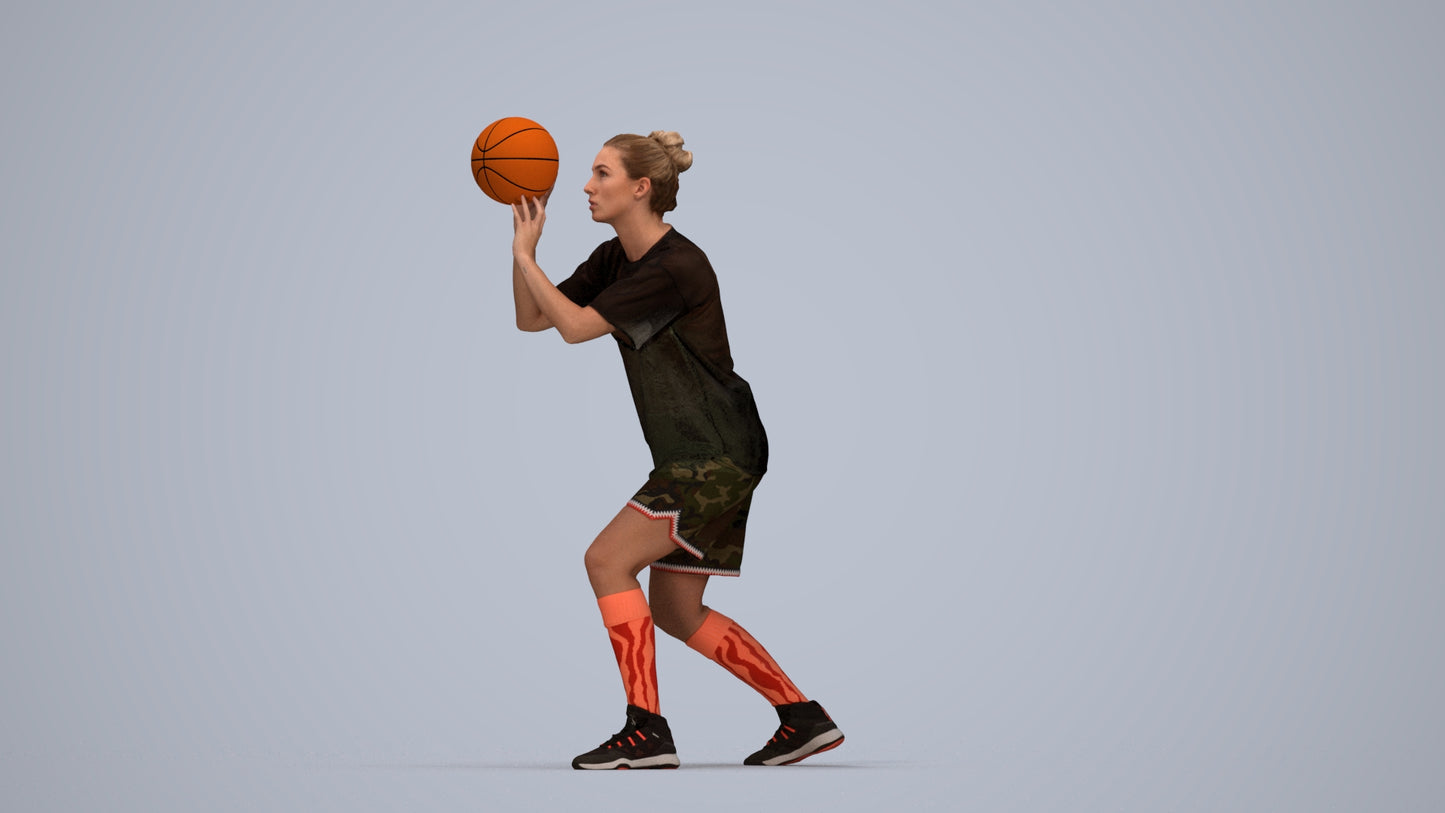 3D human model woman sport, photogrammetry scanned person for archviz, top-down view render