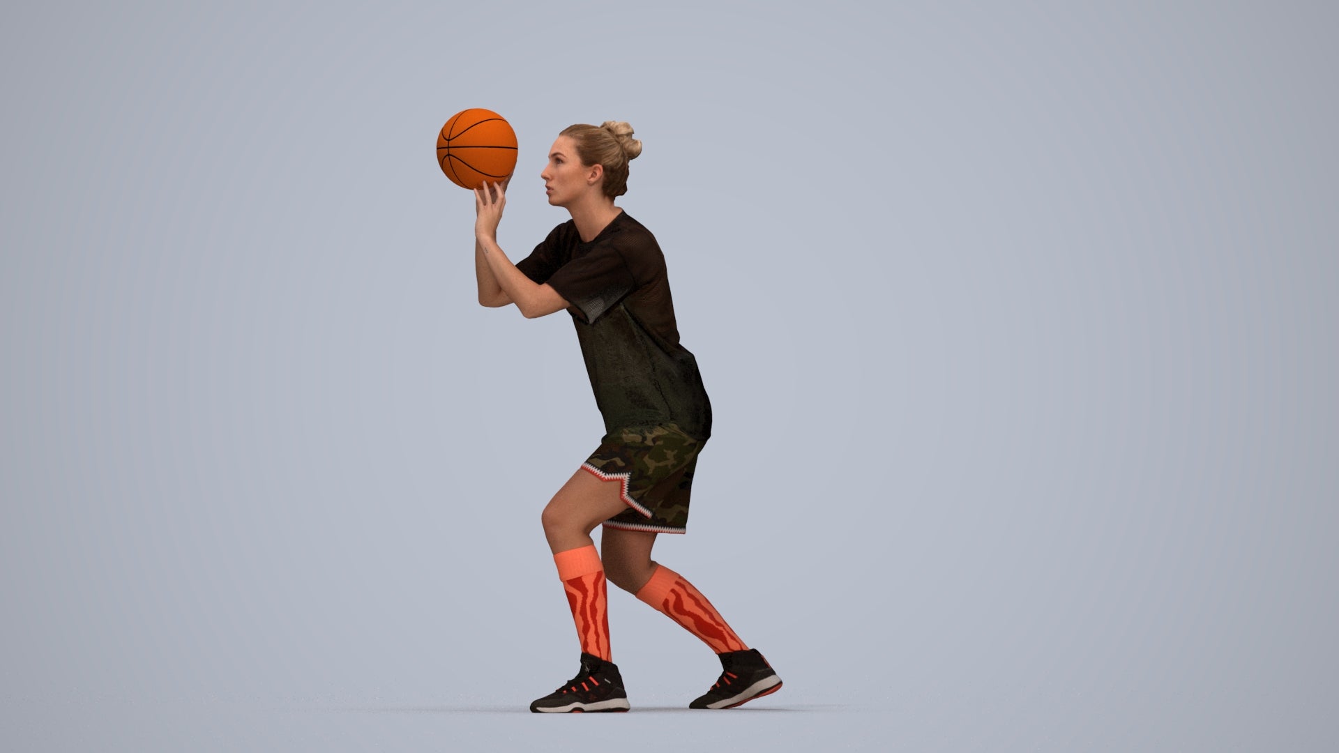 3D human model woman sport, photogrammetry scanned person for archviz, top-down view render