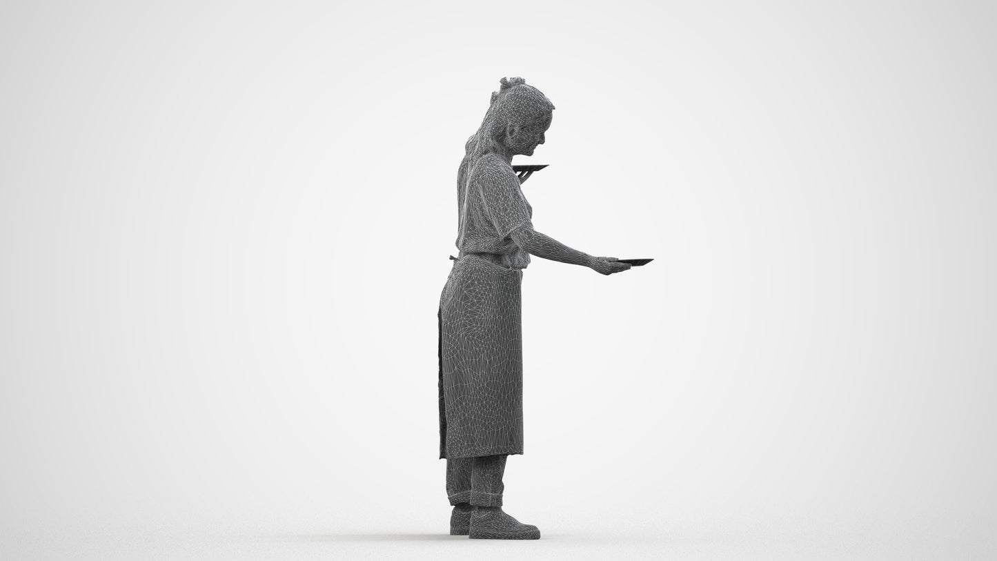 3D scanned woman hospitality, photorealistic archviz people for Enscape and SketchUp, wireframe side view
