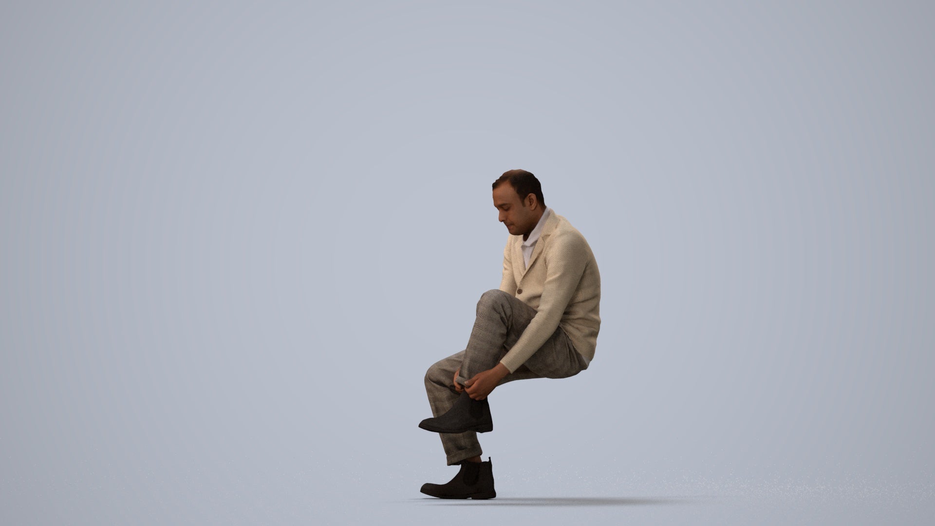 3D scanned woman sitting casual, photorealistic archviz people for Enscape and SketchUp, three-quarter view render