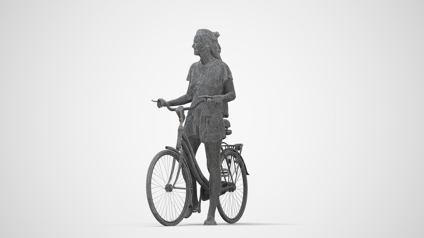 realistic 3D woman casual cycling, scanned archviz people for Blender and 3ds Max, wireframe back view