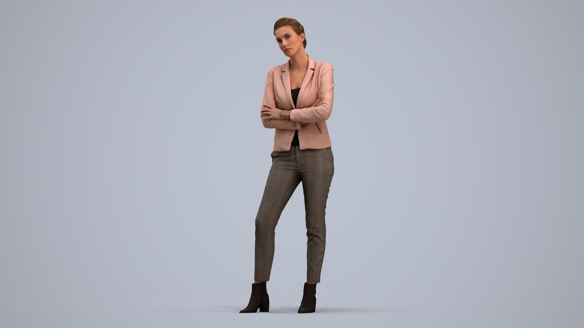 3D human model woman business, photogrammetry scanned person for archviz, standing pose render