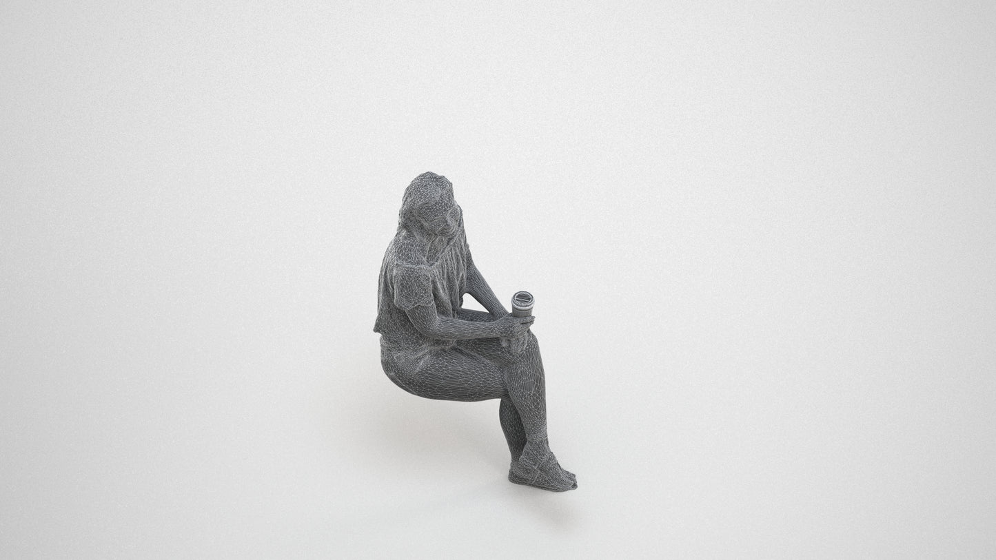 realistic 3D people woman casual sitting, render-ready for V-Ray and Corona, FBX OBJ, wireframe three-quarter view