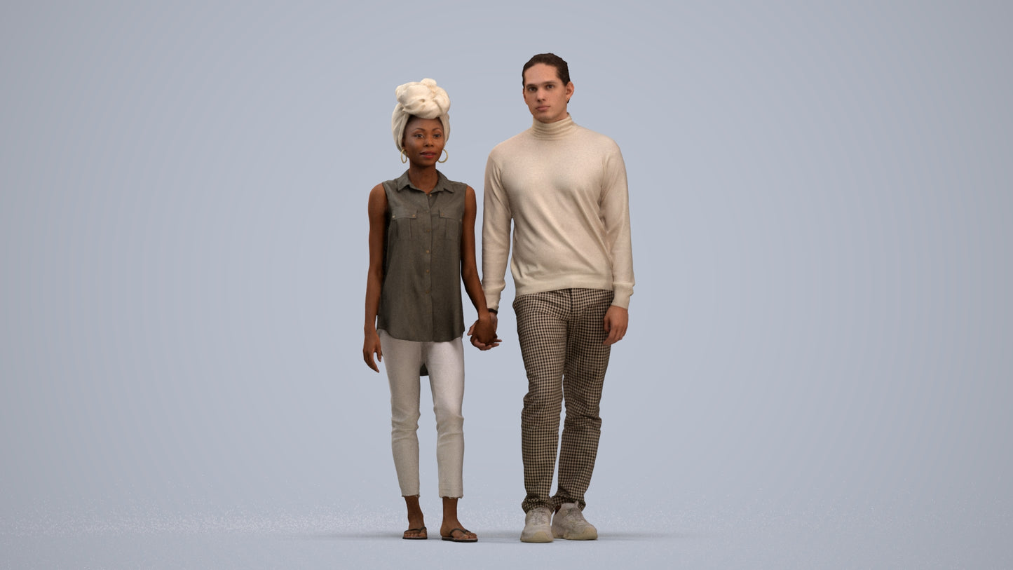 3D human model woman casual couple, photogrammetry scanned person for archviz, standing pose render
