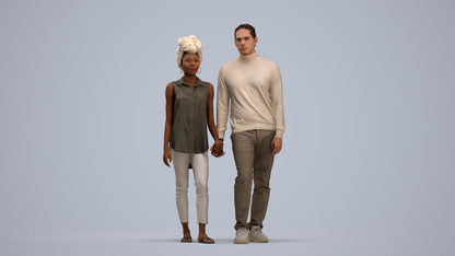 3D human model woman casual couple, photogrammetry scanned person for archviz, standing pose render