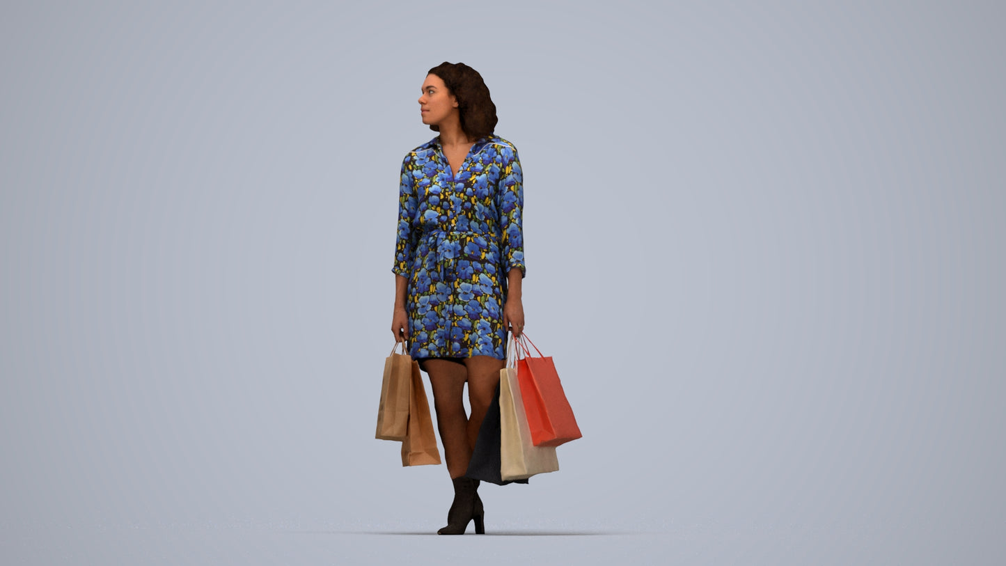 3D human model woman casual shopping, photogrammetry scanned person for archviz, top-down view render