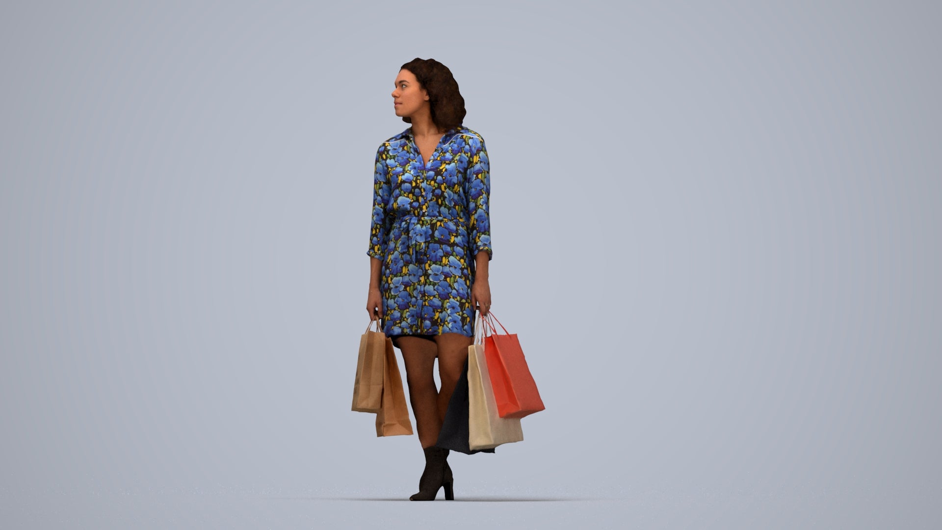 3D human model woman casual shopping, photogrammetry scanned person for archviz, top-down view render