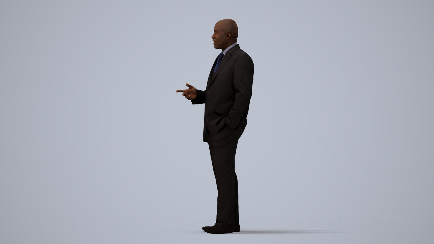 realistic 3D human man business, archviz people FBX OBJ for Blender, three-quarter view render