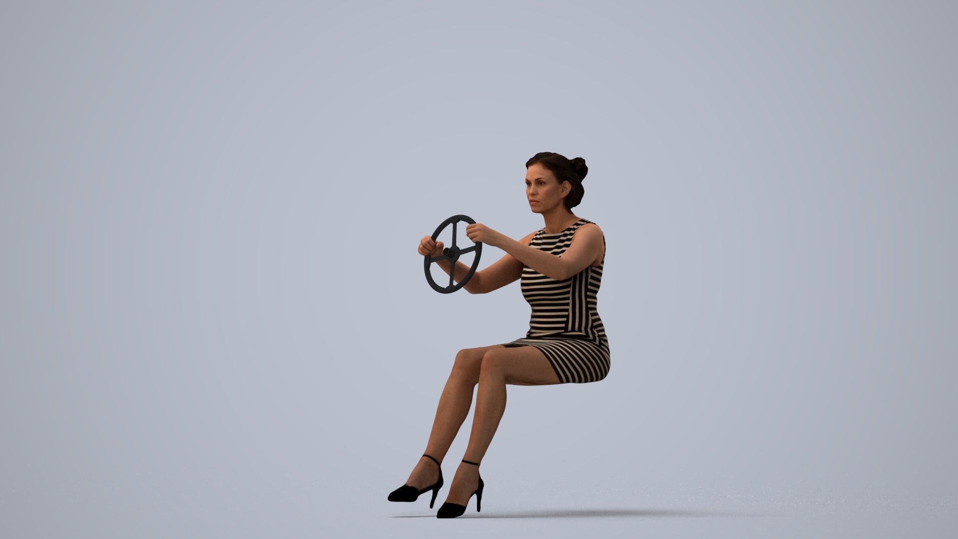 photogrammetry 3D woman casual driving, realistic human model archviz FBX, three-quarter view render