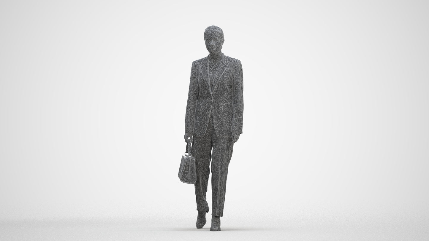 realistic 3D woman business walking, scanned archviz people for Blender and 3ds Max, three-quarter front view render