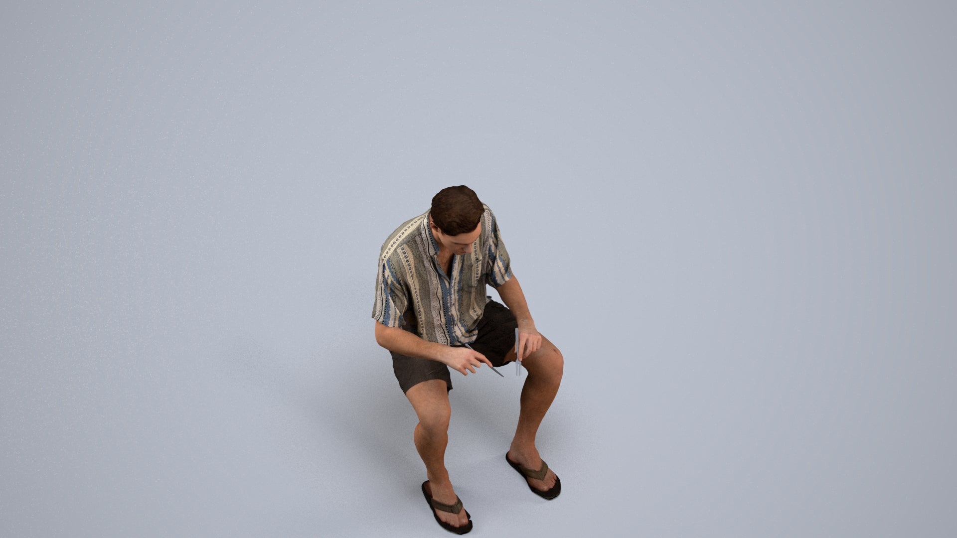 3D human model man casual sitting, photogrammetry scanned person for archviz, back view render