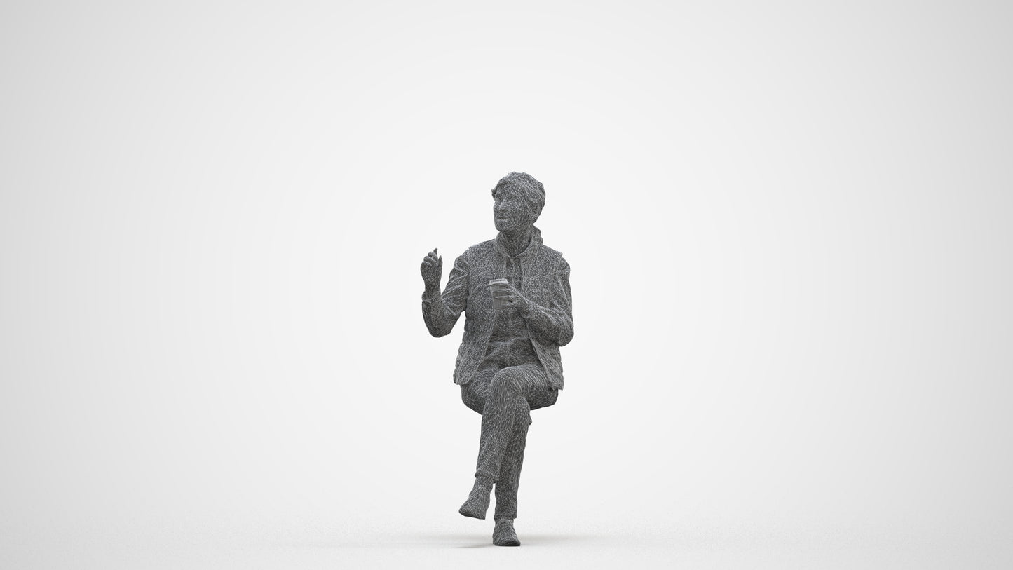 realistic 3D people senior woman casual sitting, render-ready for V-Ray and Corona, FBX OBJ, three-quarter front view render