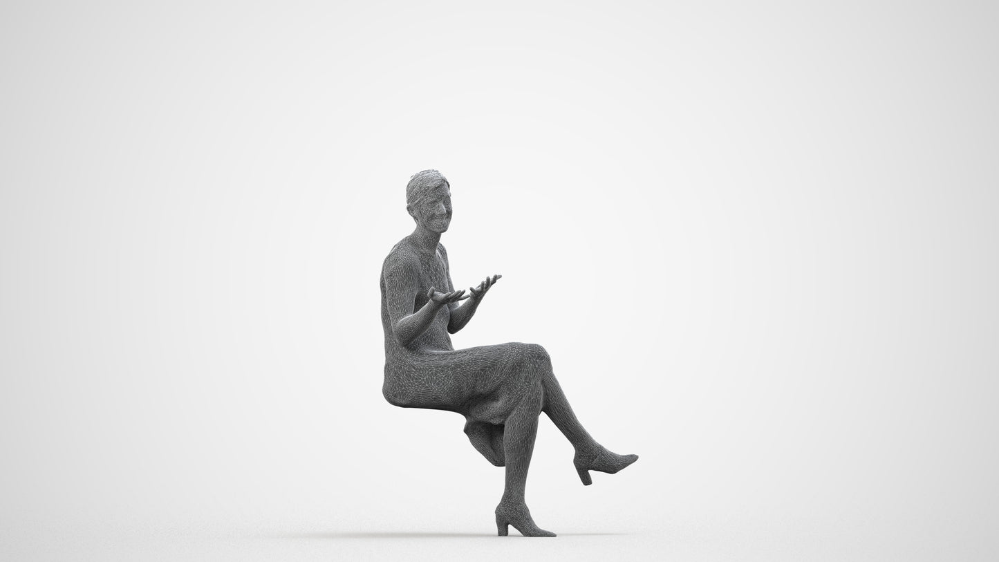 photogrammetry 3D woman business sitting, realistic human model archviz FBX, wireframe side view