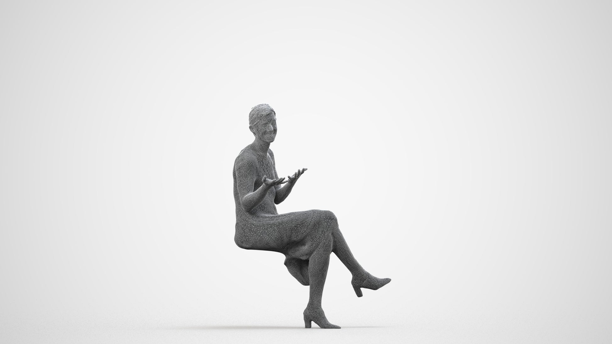photogrammetry 3D woman business sitting, realistic human model archviz FBX, wireframe side view