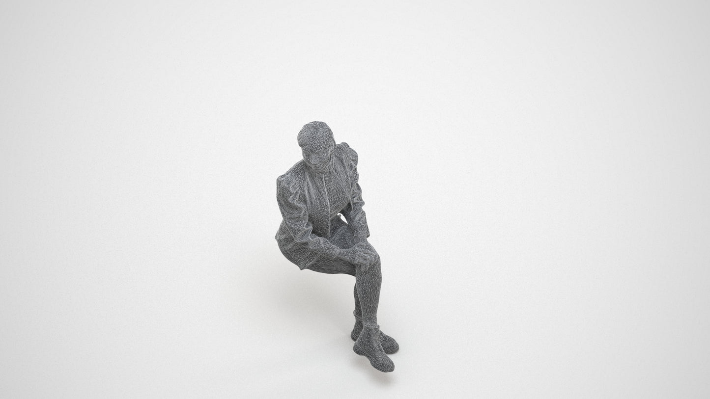 3D people model woman casual sitting, scanned human for 3ds Max rendering, wireframe three-quarter view