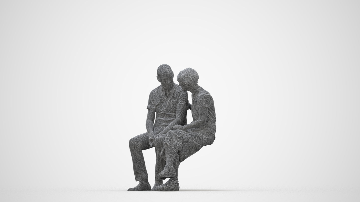 realistic 3D senior woman casual couple, scanned archviz people for Blender and 3ds Max, wireframe back view