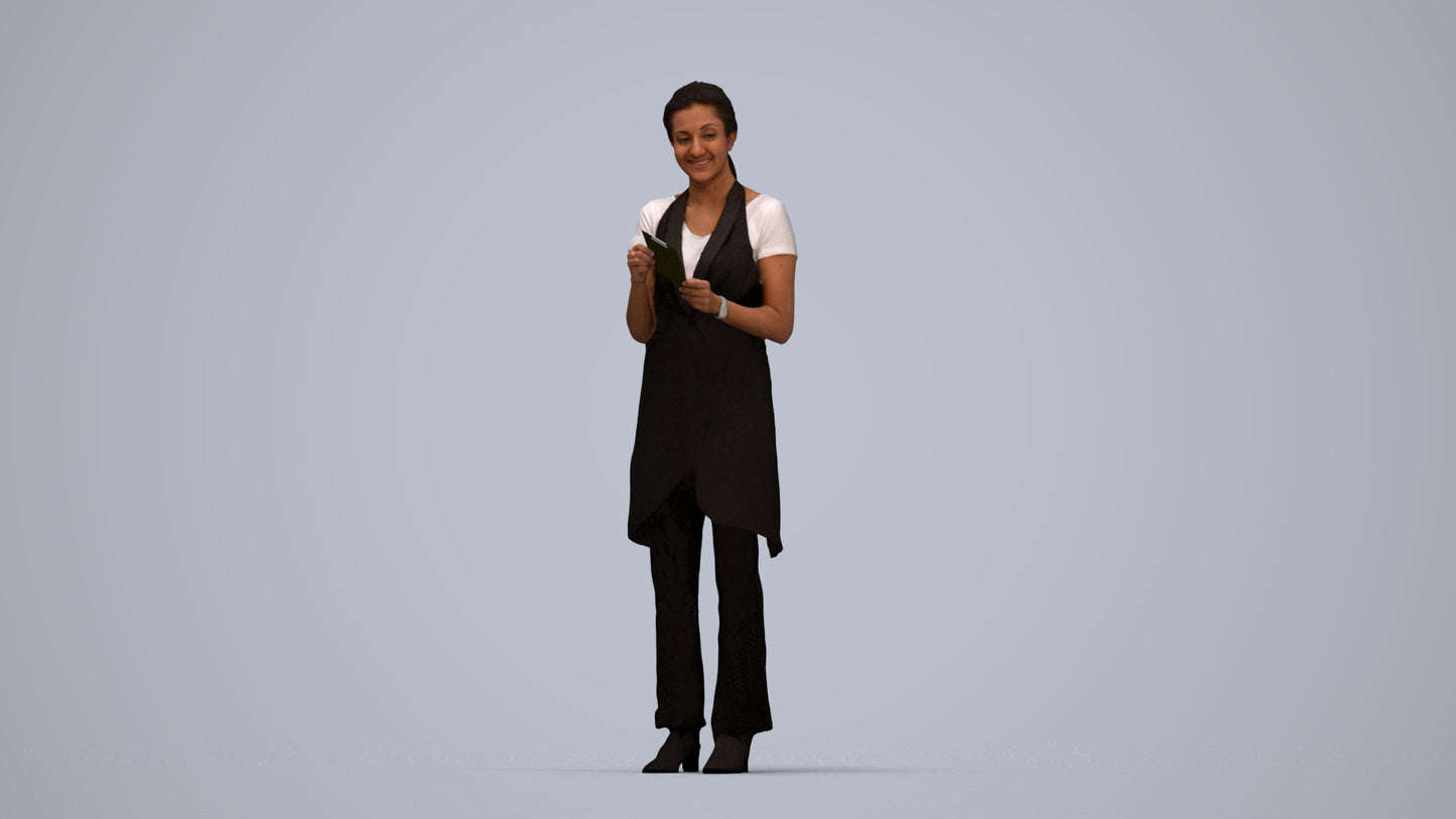 realistic 3D woman hospitality, scanned archviz people for Blender and 3ds Max, top-down view render