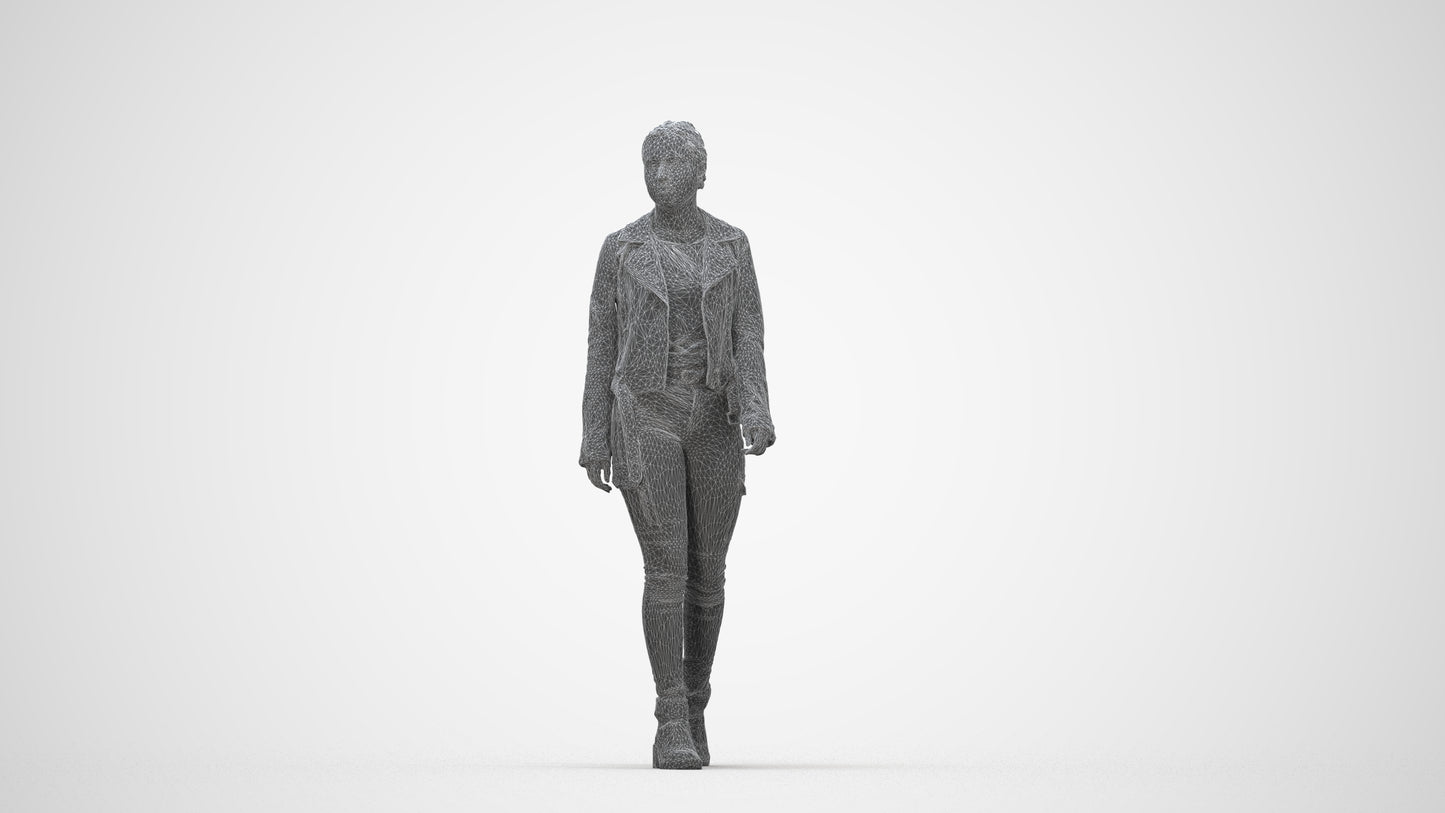 3D people model woman casual walking, scanned human for 3ds Max rendering, wireframe back view