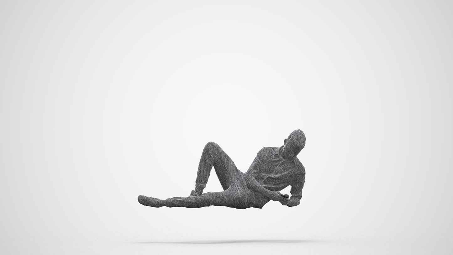 photogrammetry 3D man casual sitting, realistic human model archviz FBX, three-quarter front view render