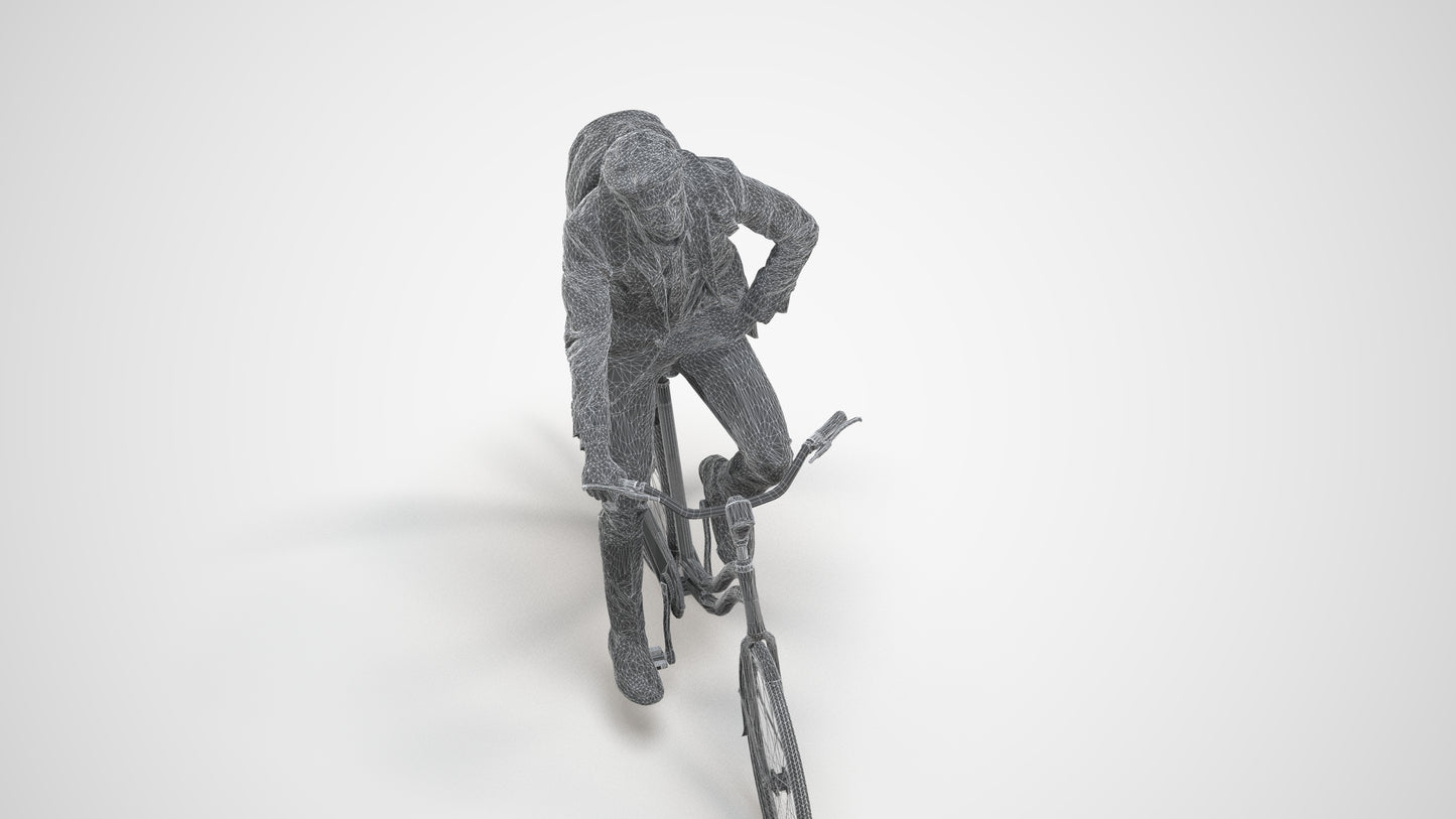 3D people model man business cycling, scanned human for 3ds Max rendering, wireframe three-quarter view