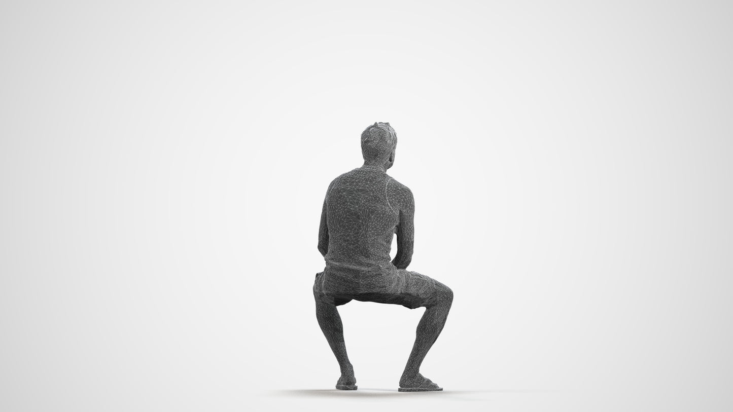scanned 3D man casual sitting, photogrammetry people for Enscape and V-Ray, wireframe front view