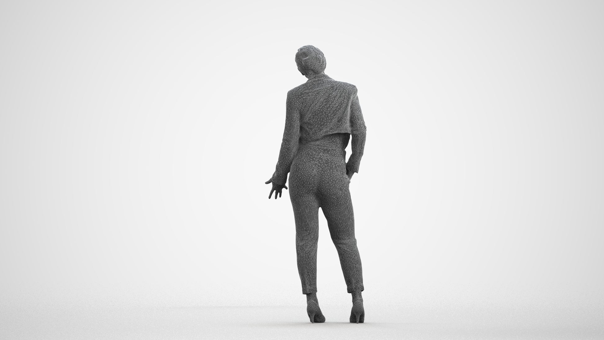3D human model woman business, photogrammetry scanned person for archviz, wireframe front view
