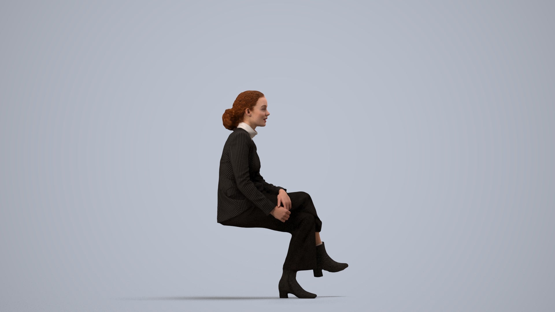 3D human model woman business, photogrammetry scanned person for archviz, side view render