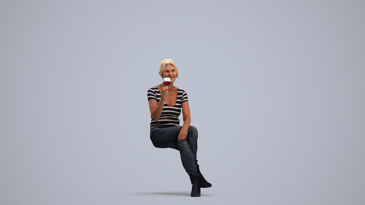 realistic 3D people senior woman casual sitting, render-ready for V-Ray and Corona, FBX OBJ, standing pose render