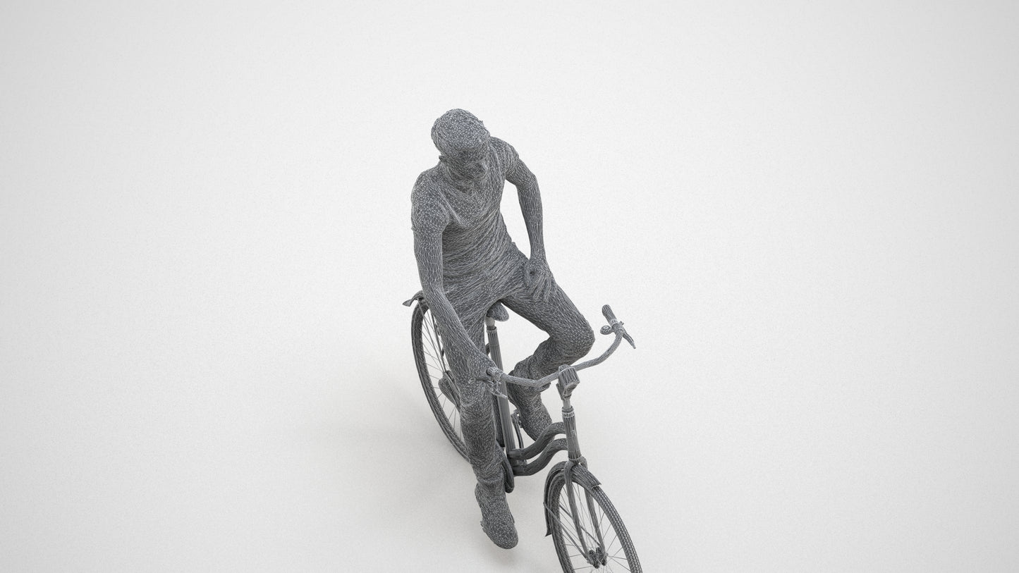 realistic 3D people man casual cycling, render-ready for V-Ray and Corona, FBX OBJ, wireframe three-quarter view