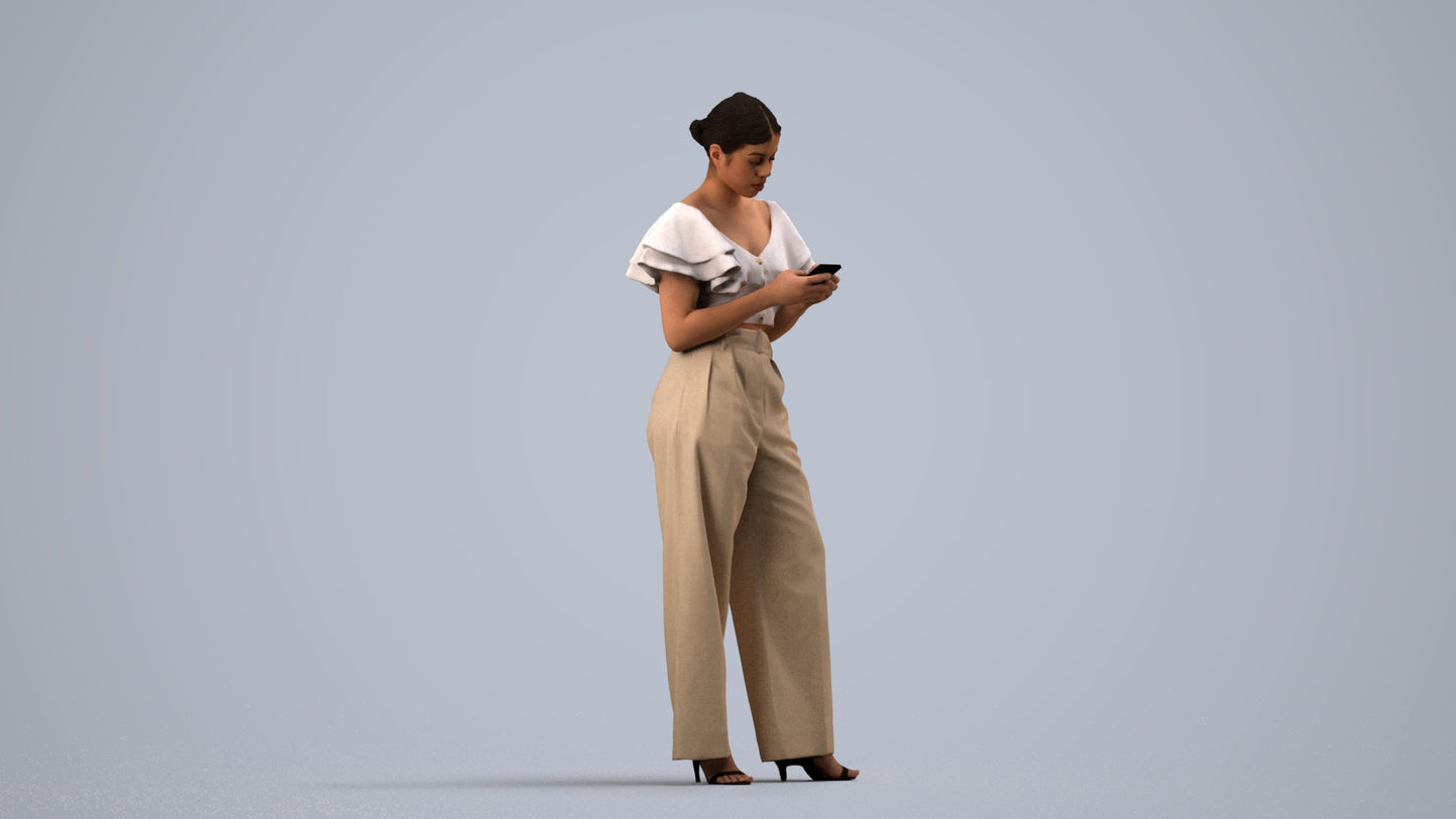 realistic 3D human woman business standing, archviz people FBX OBJ for Blender, side view render