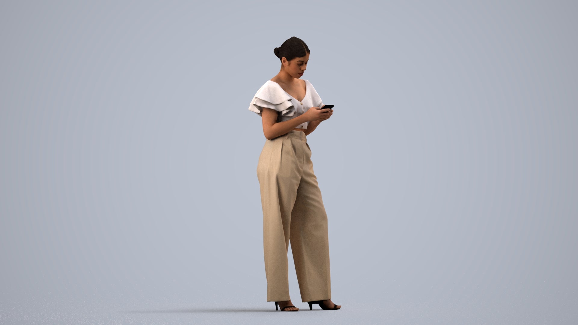 realistic 3D human woman business standing, archviz people FBX OBJ for Blender, side view render
