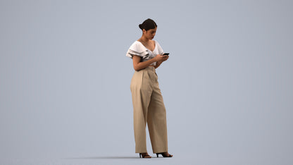 realistic 3D human woman business standing, archviz people FBX OBJ for Blender, side view render