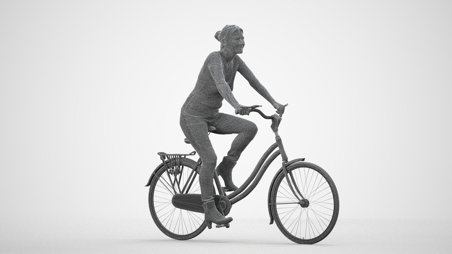 scanned 3D senior woman casual cycling, photogrammetry people for Enscape and V-Ray, wireframe side view